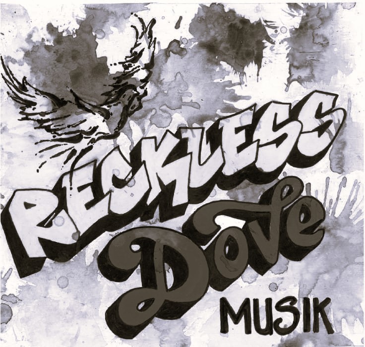 Logo in black and white of Reckless Dove with block style graffiti letters.