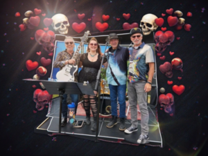 Reckless Dove four band members with a a skull and heart backdrop.