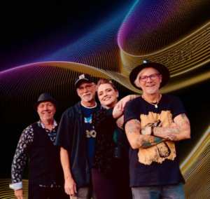 3 men 1 woman with colorful swirl background