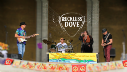 4 band members on a stage with the Reckless Dove winged logo in the background.